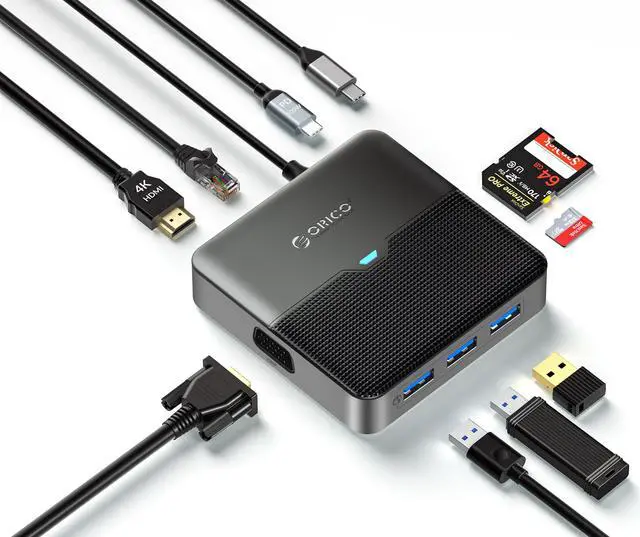 Main image of ORICO 9 in 1 Laptop Docking Station with HDMI-Compatible 4K30Hz, VGA, 3 USB Port, PD 100W, SD&TF, Gigabit Ethernet Type C Multiport Adapter for Windows Mac