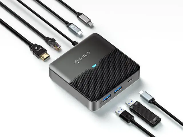 Main image of ORICO 6 in 1 Laptop Docking Station with HDMI-Compatible 4K30Hz,  2 USB A 1 USB C Port, PD 100W, Gigabit Ethernet Type C Multiport Adapter for Windows Mac