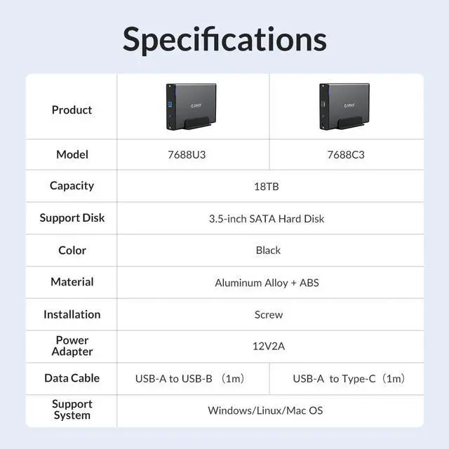 Alt view image 7 of 7 - ORICO USB-C Type-C Aluminum 3.5 inch  Hard Drive HDD Enclosure USB-C Gen 1 SATA3.0 3.5" HDD Docking Station Vertical Case Support UASP with Power Adapter for HDD and SSD Tool Free 16TB