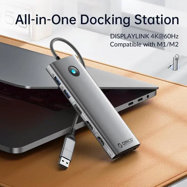 Alt view image 2 of 7 - ORICO Dual Display USB C Docking Station HDMI VGA PD100W USB3.0&2.0 Port, SD TF Card Reader, Gigabit Ethernet, Audio Display Link Certified For Dell Apple M1 M2 Gold 12-in-1  HDMI&VGA&PD100W