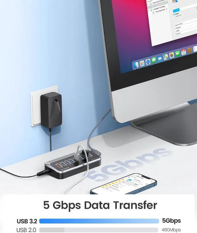 Alt view image 2 of 7 - ORICO USB Hub 3.0 7 Ports USB Hub Splitter [5Gbps] with 7 USB 3.0 Data Ports, 12V3A Power Adapter with 3.3ft C to C cable, USB A Adapter for MacBook Accessories