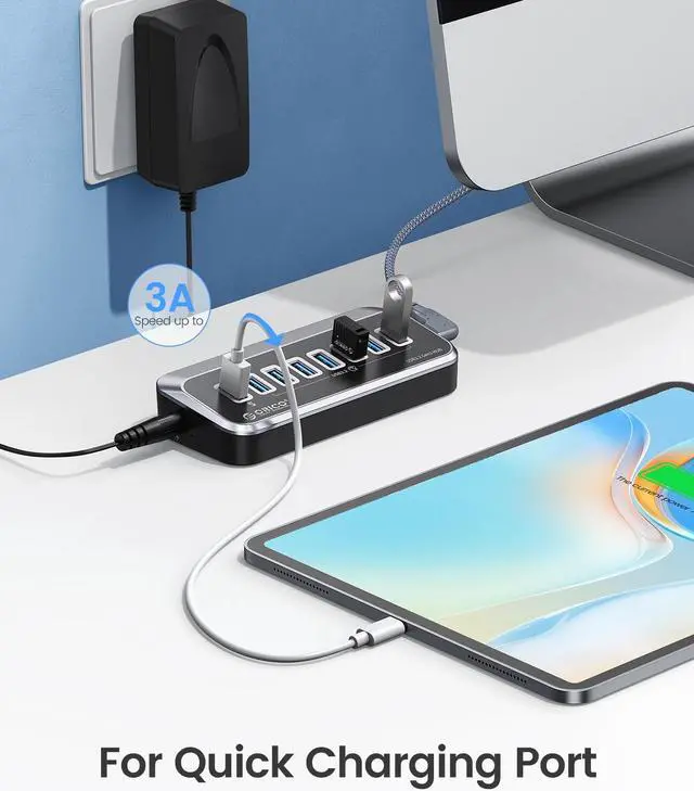 Alt view image 7 of 7 - ORICO USB Hub 3.0 7 Ports USB Hub Splitter [5Gbps] with 7 USB 3.0 Data Ports, 12V3A Power Adapter with 3.3ft C to C cable, USB A Adapter for MacBook Accessories