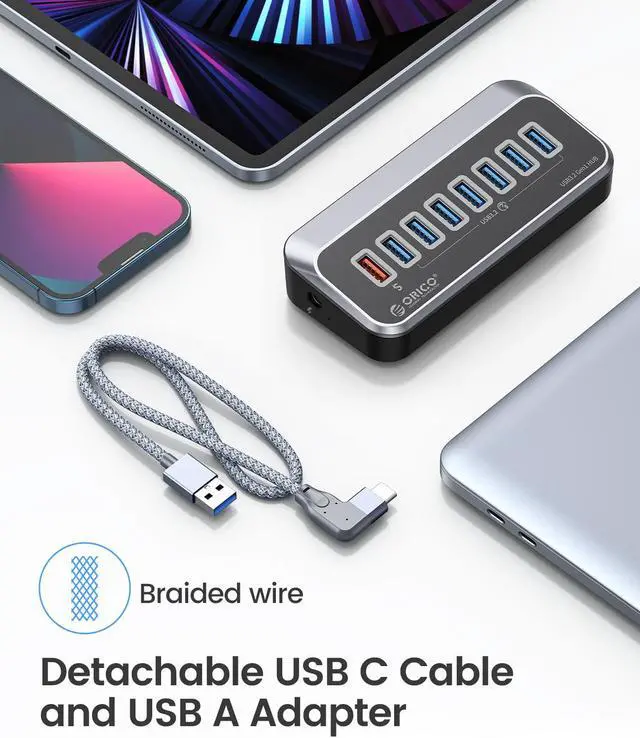 Alt view image 6 of 7 - ORICO USB Hub 3.0 7 Ports USB Hub Splitter [5Gbps] with 7 USB 3.0 Data Ports, 12V3A Power Adapter with 3.3ft C to C cable, USB A Adapter for MacBook Accessories