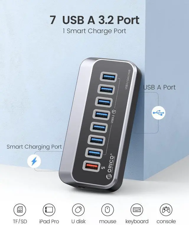Alt view image 4 of 7 - ORICO USB Hub 3.0 7 Ports USB Hub Splitter [5Gbps] with 7 USB 3.0 Data Ports, 12V3A Power Adapter with 3.3ft C to C cable, USB A Adapter for MacBook Accessories