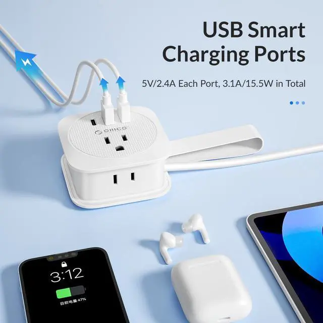 Alt view image 4 of 7 - Travelers' Portable Charging Board Power Strip with USB C, ORICO 2 Outlets 3 USB Ports-3.7ft Wrapped Around Extension Cord, No Surge Protection Flat Plug Power Strip for Cruise Ship, Office