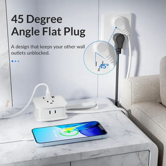 Alt view image 3 of 7 - Travelers' Portable Charging Board Power Strip with USB C, ORICO 2 Outlets 3 USB Ports-3.7ft Wrapped Around Extension Cord, No Surge Protection Flat Plug Power Strip for Cruise Ship, Office