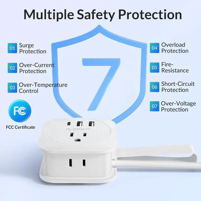 Alt view image 5 of 7 - Travelers' Portable Charging Board Power Strip with USB C, ORICO 2 Outlets 3 USB Ports-3.7ft Wrapped Around Extension Cord, No Surge Protection Flat Plug Power Strip for Cruise Ship, Office