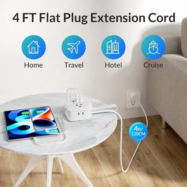 Alt view image 6 of 7 - Travelers' Portable Charging Board Power Strip with USB C, ORICO 2 Outlets 3 USB Ports-3.7ft Wrapped Around Extension Cord, No Surge Protection Flat Plug Power Strip for Cruise Ship, Office
