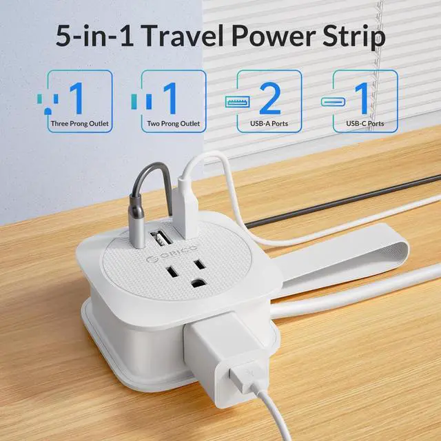 Alt view image 2 of 7 - Travelers' Portable Charging Board Power Strip with USB C, ORICO 2 Outlets 3 USB Ports-3.7ft Wrapped Around Extension Cord, No Surge Protection Flat Plug Power Strip for Cruise Ship, Office