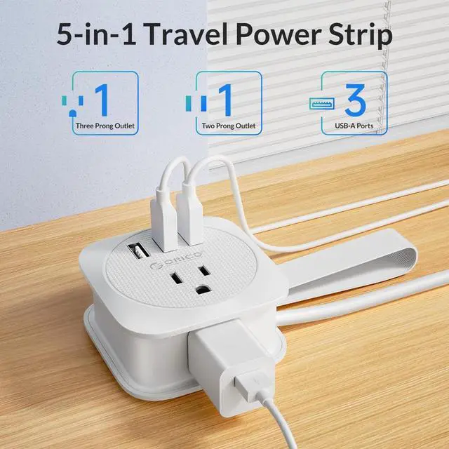 Alt view image 2 of 7 - Travel Power Strip with USB Ports, ORICO 2 Outlets 3 USB Ports-3.7ft Wrapped Around Extension Cord, Flat Plug Cruise Ship Power Strip, No Surge Protection for Cruise Ship, Office, Hotels-Black