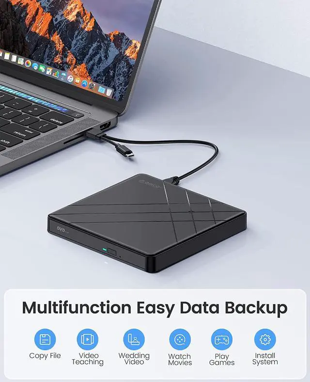 Alt view image 5 of 7 - ORICO External CD Drive for Laptop USB 3.0 Type-C Portable CD/DVD Optical Drive Writer Burner for Mac MacBook Pro/Air, iMac, Windows 11/10 Laptop Desktop -ORU3-01