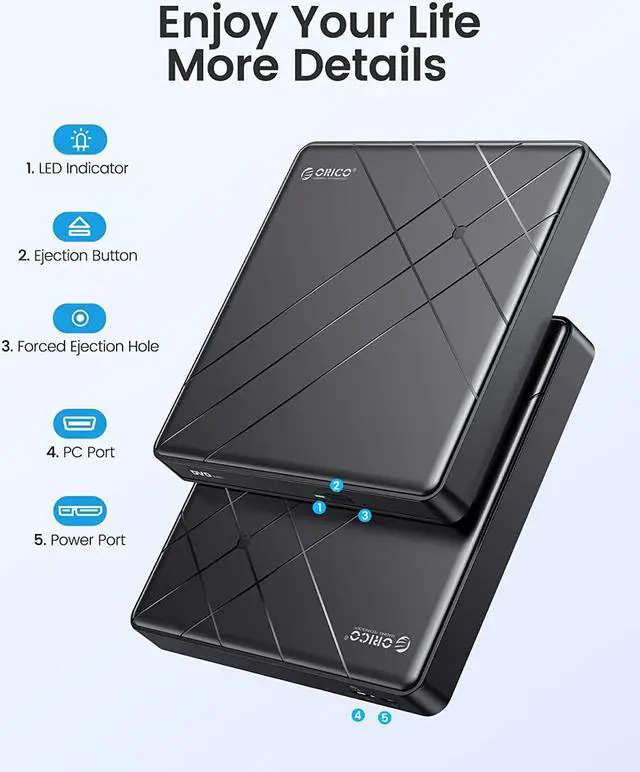 Alt view image 7 of 7 - ORICO External CD Drive for Laptop USB 3.0 Type-C Portable CD/DVD Optical Drive Writer Burner for Mac MacBook Pro/Air, iMac, Windows 11/10 Laptop Desktop -ORU3-01