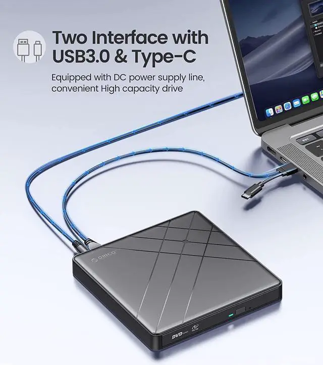 Alt view image 3 of 7 - ORICO External CD Drive for Laptop USB 3.0 Type-C Portable CD/DVD Optical Drive Writer Burner for Mac MacBook Pro/Air, iMac, Windows 11/10 Laptop Desktop -ORU3-01