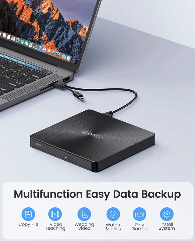 Alt view image 2 of 7 - ORICO External DVD/CD Drive Portable USB 3.0 Type-C CD/DVD +/-RW ROM Rewriter Burner Writer with Compatible with Laptop Desktop PC Windows Linux OS Mac-ORU3-02