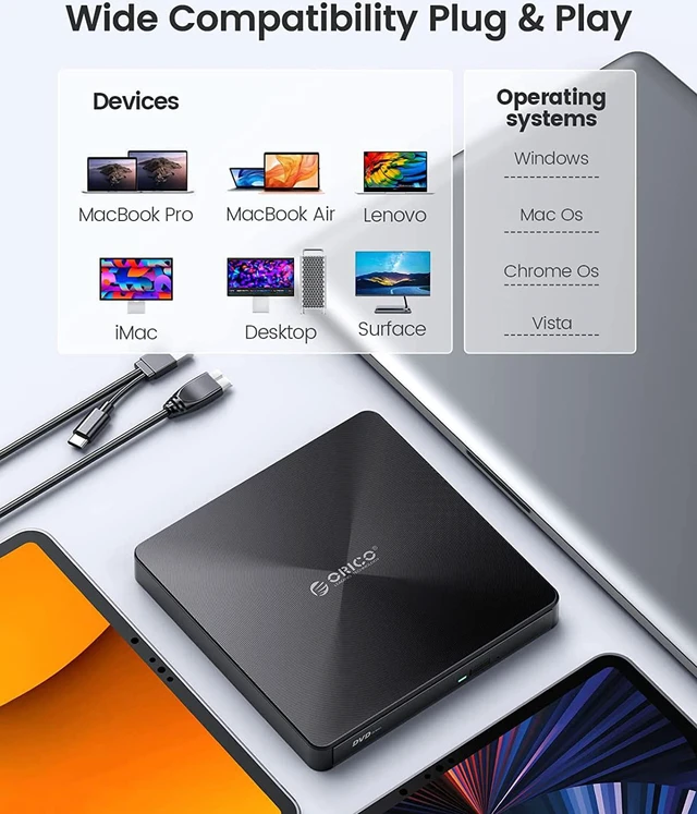 Alt view image 6 of 7 - ORICO External DVD/CD Drive Portable USB 3.0 Type-C CD/DVD +/-RW ROM Rewriter Burner Writer with Compatible with Laptop Desktop PC Windows Linux OS Mac-ORU3-02