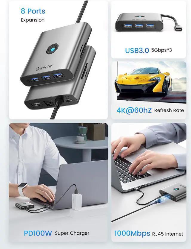 Alt view image 3 of 7 - ORICO 6 in 1 Laptop Docking Station with HDMI-Compatible 4K30Hz,  2 USB A 1 USB C Port, PD 100W, Gigabit Ethernet Type C Multiport Adapter for Windows Mac