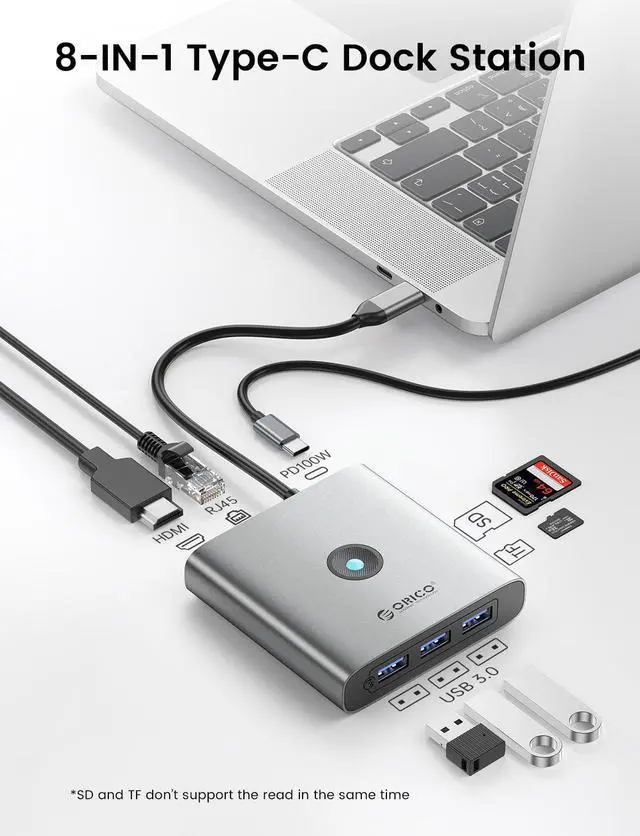 Alt view image 4 of 7 - ORICO 6 in 1 Laptop Docking Station with HDMI-Compatible 4K30Hz,  2 USB A 1 USB C Port, PD 100W, Gigabit Ethernet Type C Multiport Adapter for Windows Mac