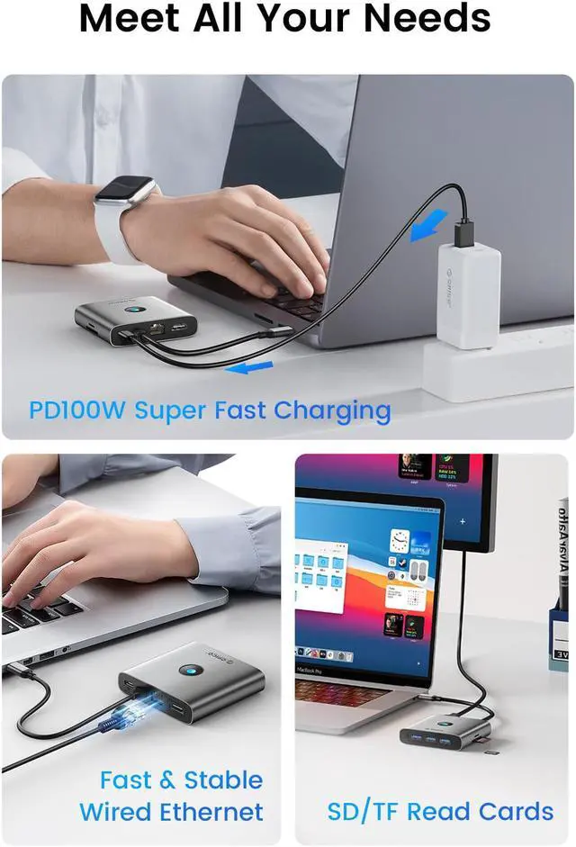 Alt view image 6 of 7 - ORICO 6 in 1 Laptop Docking Station with HDMI-Compatible 4K30Hz,  2 USB A 1 USB C Port, PD 100W, Gigabit Ethernet Type C Multiport Adapter for Windows Mac