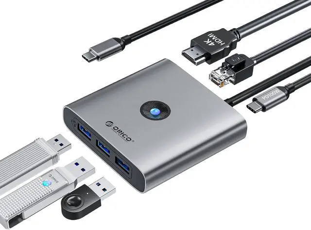 Main image of ORICO 6 in 1 Laptop Docking Station with HDMI-Compatible 4K30Hz, 3 USB A Port, PD 100W, 2.5G Gigabit Ethernet Type C Multiport Adapter for Windows Mac
