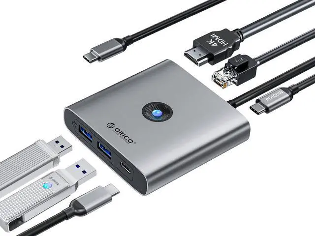 Main image of ORICO 6 in 1 Laptop Docking Station with HDMI-Compatible 4K30Hz,  2 USB A 1 USB C Port, PD 100W, Gigabit Ethernet Type C Multiport Adapter for Windows Mac