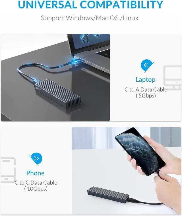 Alt view image 2 of 6 - ORICO M.2 NVMe SSD Case USB 3.1 GEN 2 Aluminum Heatsink Enclosure for NVMe PCIE M Key/M+B Key SSD USB-C 10Gbps Support Up to 2TB Gray