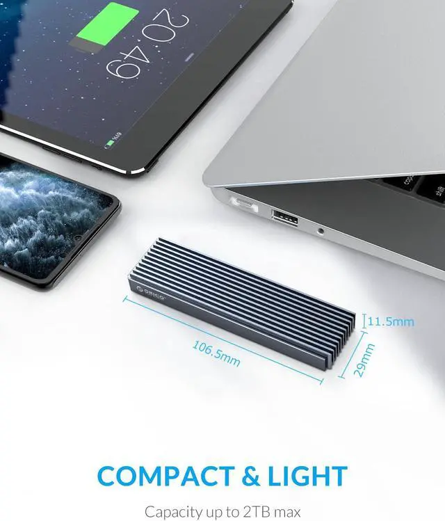 Alt view image 3 of 6 - ORICO M.2 NVMe SSD Case USB 3.1 GEN 2 Aluminum Heatsink Enclosure for NVMe PCIE M Key/M+B Key SSD USB-C 10Gbps Support Up to 2TB Gray