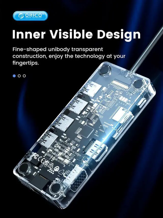 Alt view image 6 of 7 - ORICO Transparent 8 IN 1 Type-C Docking Station USB 3.0 5Gbps 4K HDMI-Compatible RJ45 SD/TF USB HUB  For Laptop
