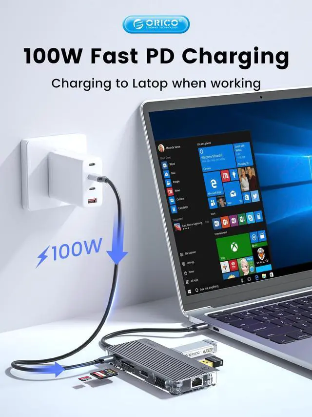 Alt view image 2 of 7 - ORICO Transparent 8 IN 1 Type-C Docking Station USB 3.0 5Gbps 4K HDMI-Compatible RJ45 SD/TF USB HUB  For Laptop