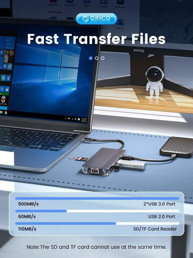 Alt view image 3 of 7 - ORICO Transparent 8 IN 1 Type-C Docking Station USB 3.0 5Gbps 4K HDMI-Compatible RJ45 SD/TF USB HUB  For Laptop
