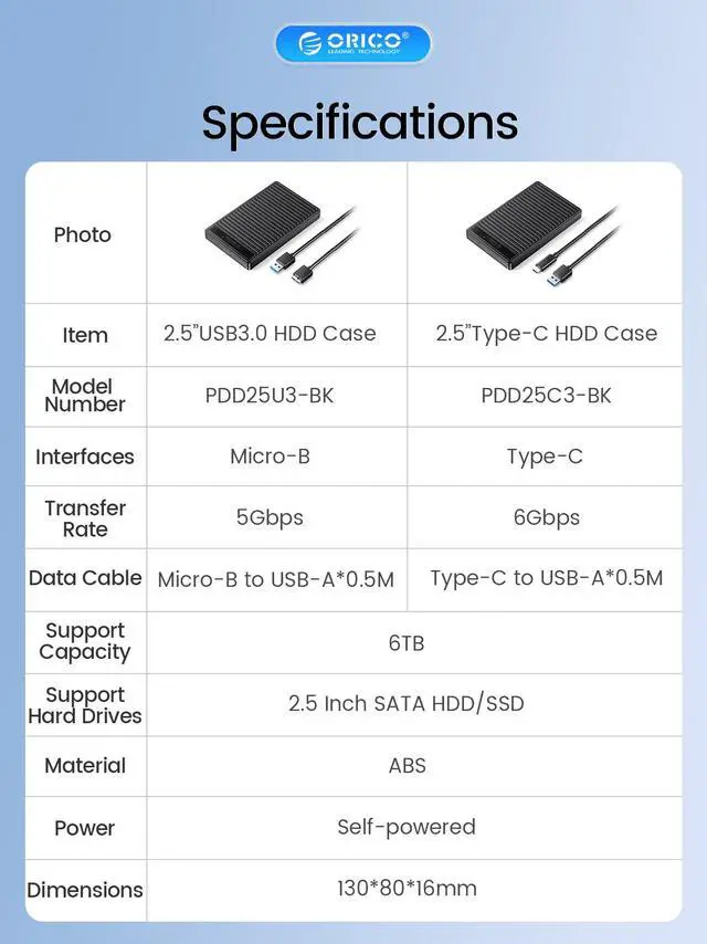 Alt view image 7 of 7 - ORICO 2.5 inch USB3.0 Hard Drive Enclosure SATA 5Gbps USB 3.0 to SATA III External Hard Drive Case Support Up to 6TB SSD with UASP