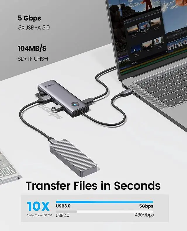 Alt view image 5 of 7 - ORICO USB C Docking Station, 9 in 1 USB C Dongle with 4K HDMI-Compatible, 2.5G Ethernet, 100W PD Charging, SD/TF Card, VGA and 3 USB 3.0 Data Ports, Suitable for MacBook Pro/Air/Dell/Lenovo,etc