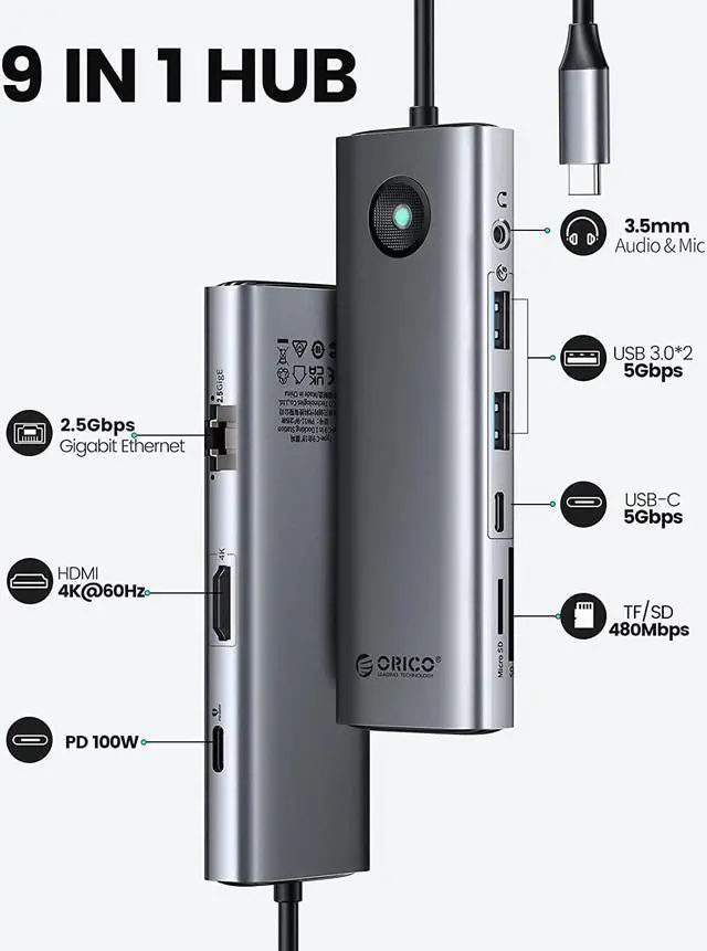 Alt view image 2 of 7 - ORICO USB C Docking Station, 9 in 1 USB C Dongle with 4K HDMI-Compatible, 2.5G Ethernet, 100W PD Charging, SD/TF Card, VGA and 3 USB 3.0 Data Ports, Suitable for MacBook Pro/Air/Dell/Lenovo,etc
