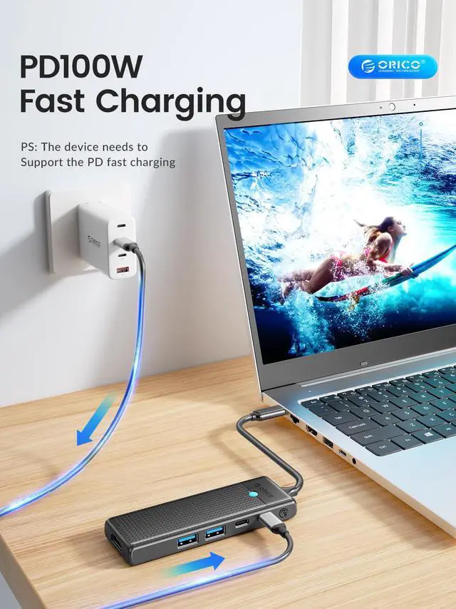 Alt view image 5 of 7 - ORICO Laptop USB C Docking Station, 7 in 1 Multiport Type C Adapter with 3 USB A Port,4K@30HZ HDMI-Compatible, PD 100W, SD/TF Card Reader For MacOS and Windows