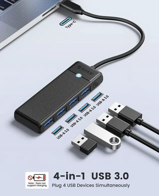 Alt view image 4 of 7 - ORICO Type C to 4-Port USB 3.0 Hub, Ultra-Slim Data USB Hub with 0.98ft Extended Cable for Windows,XP, Vista ,Windows, Linux and Mac Desktop or Laptop -Black Pink 4 USB 3.0 15cm USB C 1 Pack