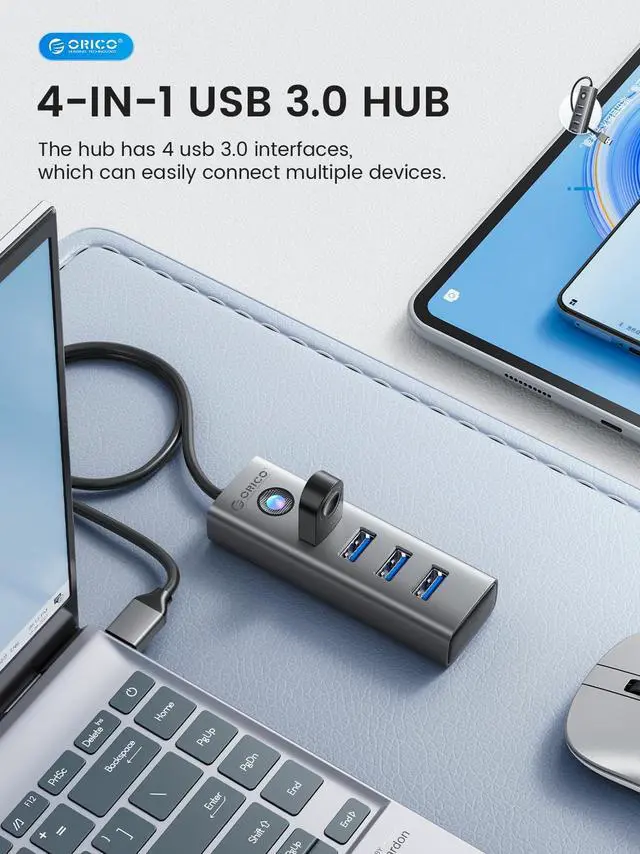 Alt view image 2 of 7 - ORICO  4-Port USB 3.0 Hub, 5Gbps Ultra-Slim Data USB Hub with 0.5ft Extended Cable for laptop,cellphone ,Grey