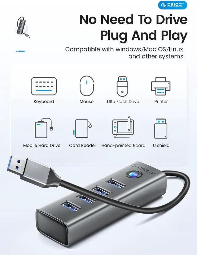 Alt view image 6 of 7 - ORICO  4-Port USB 3.0 Hub, 5Gbps Ultra-Slim Data USB Hub with 0.5ft Extended Cable for laptop,cellphone ,Grey
