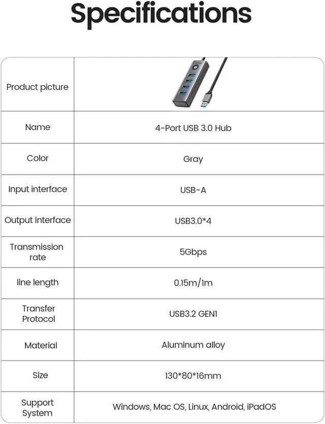 Alt view image 7 of 7 - ORICO  4-Port USB 3.0 Hub, 5Gbps Ultra-Slim Data USB Hub with 0.5ft Extended Cable for laptop,cellphone ,Grey