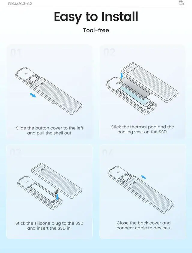Alt view image 6 of 7 - ORICO M.2 NVMe SSD Enclosure Support USB3.2 Gen2 Protocol (10Gbps) M.2 Solid State Drive External Adapter Case Tool Free