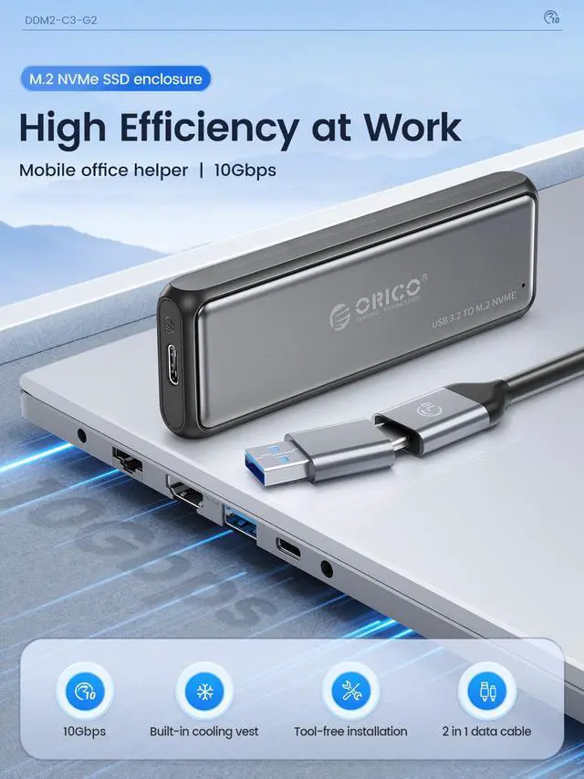 Alt view image 2 of 7 - ORICO M.2 NVMe SSD Enclosure , Tool-Free 10Gbps USB C Adapter, USB 3.2 M.2 NVMe Reader, External SSD Case Thunderbolt 3 Compatible, Supports 4TB 2230/2242 /2260/2280 PCIe M-Key SSDs