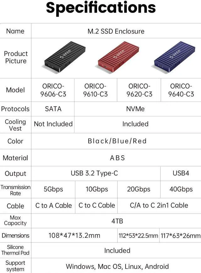 Alt view image 7 of 7 - ORICO M.2 NVMe SSD Enclosure , Tool-Free 10Gbps USB C Adapter, USB 3.2 M.2 NVMe Reader, External SSD Case Thunderbolt 3 Compatible, Supports 4TB 2230/2242/2260/2280 PCIe M-Key SSDs