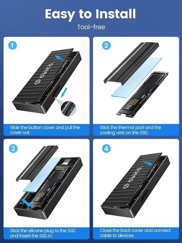 Alt view image 6 of 7 - ORICO M.2 NVMe SSD Enclosure , Tool-Free 10Gbps USB C Adapter, USB 3.2 M.2 NVMe Reader, External SSD Case Thunderbolt 3 Compatible, Supports 4TB 2230/2242/2260/2280 PCIe M-Key SSDs