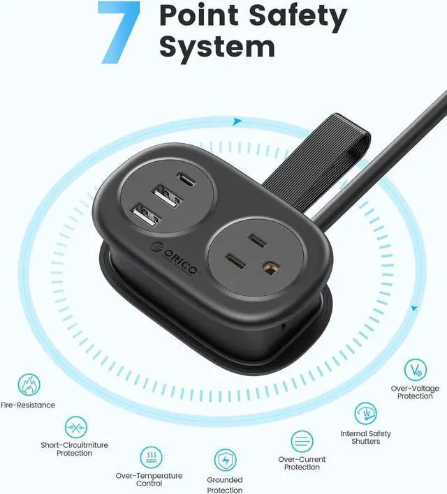 Alt view image 2 of 7 - ORICO Travel Power Strip with USB Ports, Portable Outlet Strip with 2 AC Outlets 3 USB Ports (1 USB C), Flat Plug 3.7ft Short Extension Cord with Multiple Outlets Cruise Must Haves - Black