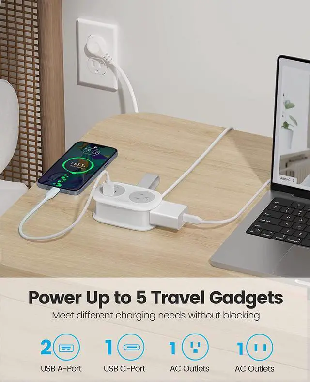 Alt view image 4 of 6 - ORICO Travel Power Strip with USB Ports, 3.7FT Portable Power Strip Flat Plug, Flat Plug Extension Cord with 2 AC Outlets 3 USB Ports (1 USB C), Multi Plug Extension Cord for Cruise, Office, Hotels