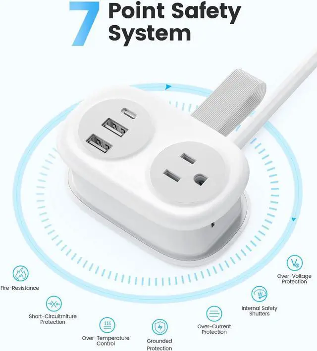 Alt view image 6 of 6 - ORICO Travel Power Strip with USB Ports, 3.7FT Portable Power Strip Flat Plug, Flat Plug Extension Cord with 2 AC Outlets 3 USB Ports (1 USB C), Multi Plug Extension Cord for Cruise, Office, Hotels