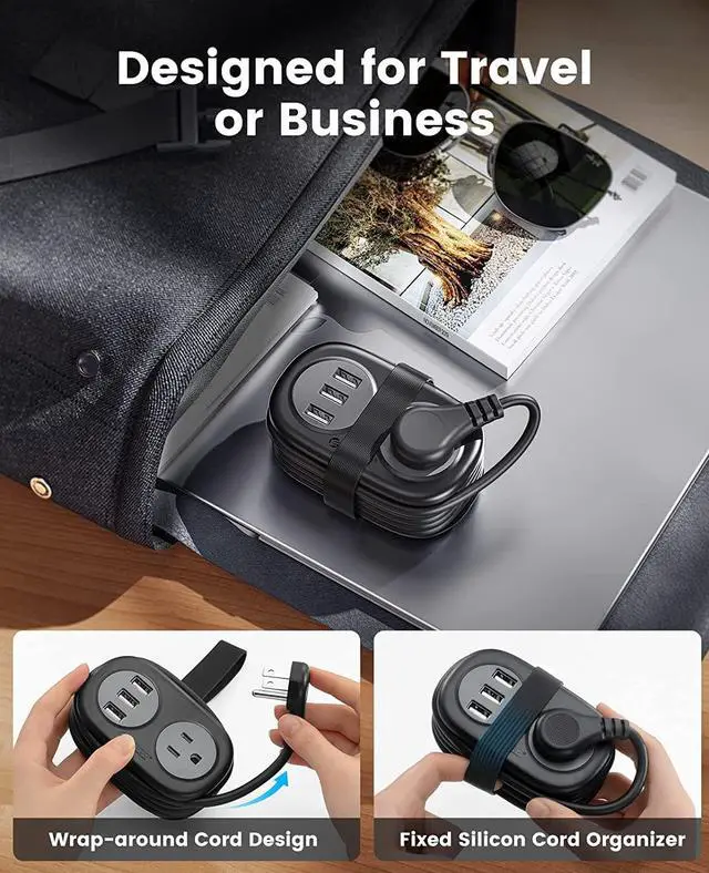 Alt view image 2 of 6 - ORICO Travel Power Strip, 3.7FT Portable Power Strip with 2 AC Outlets 3 USB Ports, Wrapped Flat Plug Travel Extension Cord, Multi Plug Extension Cord for Travel, Cruise, Office, Hotels