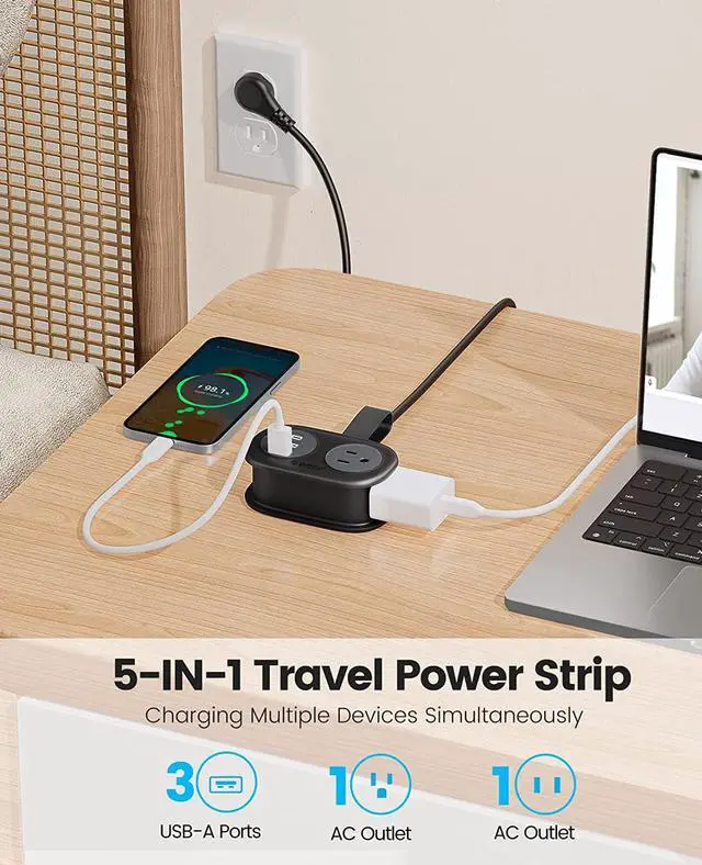 Alt view image 4 of 6 - ORICO Travel Power Strip, 3.7FT Portable Power Strip with 2 AC Outlets 3 USB Ports, Wrapped Flat Plug Travel Extension Cord, Multi Plug Extension Cord for Travel, Cruise, Office, Hotels