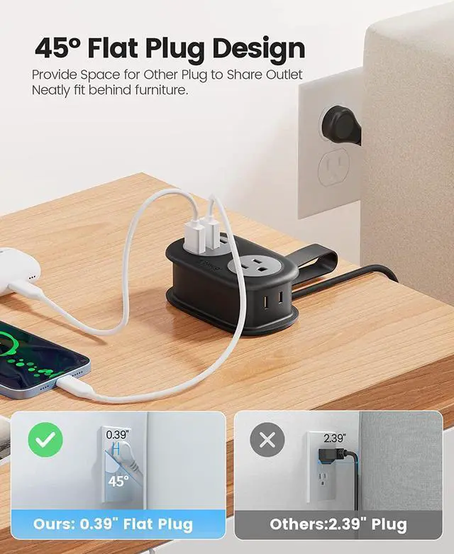 Alt view image 3 of 6 - ORICO Travel Power Strip, 3.7FT Portable Power Strip with 2 AC Outlets 3 USB Ports, Wrapped Flat Plug Travel Extension Cord, Multi Plug Extension Cord for Travel, Cruise, Office, Hotels