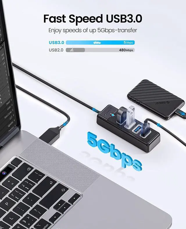 Alt view image 3 of 6 - 4-Port USB HUB 3.0, ORICO USB Splitter for Laptop with 1.65ft Cable, Multi USB Port Expander, Fast Data Transfer Compatible with Mac OS 10.X and Above, Linux, Android-Black