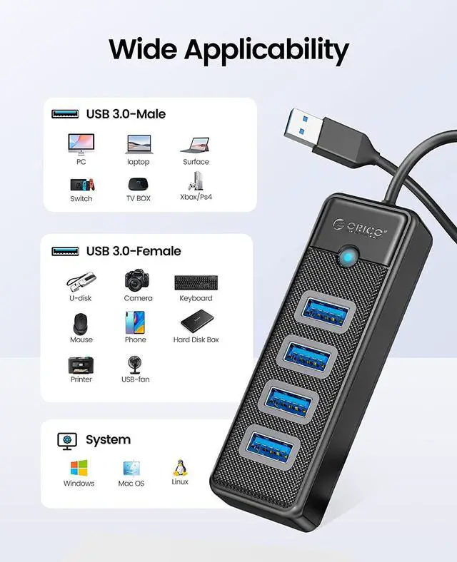 Alt view image 2 of 6 - 4-Port USB HUB 3.0, ORICO USB Splitter for Laptop with 1.65ft Cable, Multi USB Port Expander, Fast Data Transfer Compatible with Mac OS 10.X and Above, Linux, Android-Black