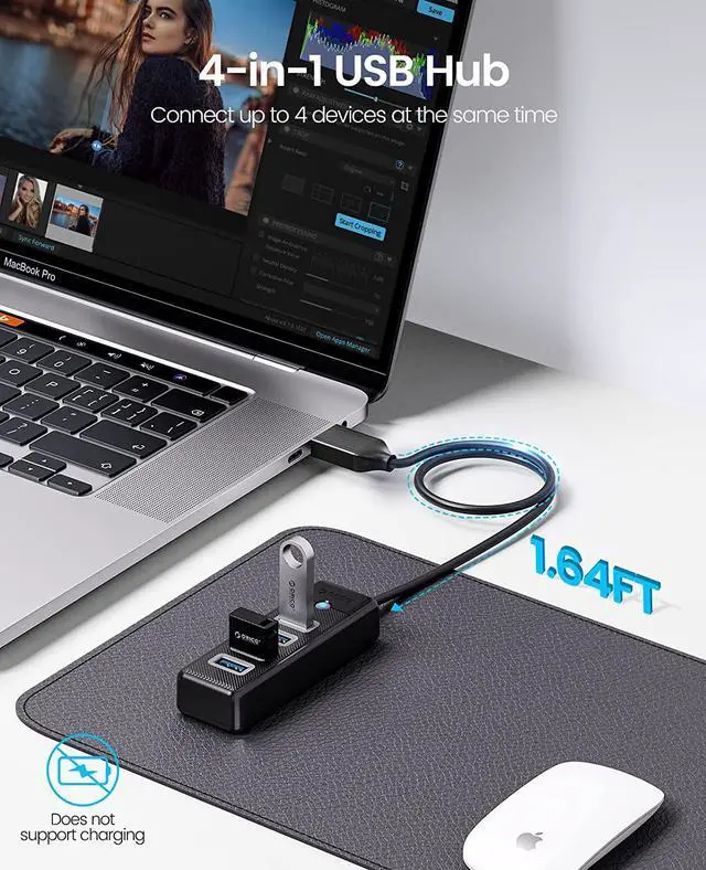 Alt view image 4 of 6 - 4-Port USB HUB 3.0, ORICO USB Splitter for Laptop with 1.65ft Cable, Multi USB Port Expander, Fast Data Transfer Compatible with Mac OS 10.X and Above, Linux, Android-Black